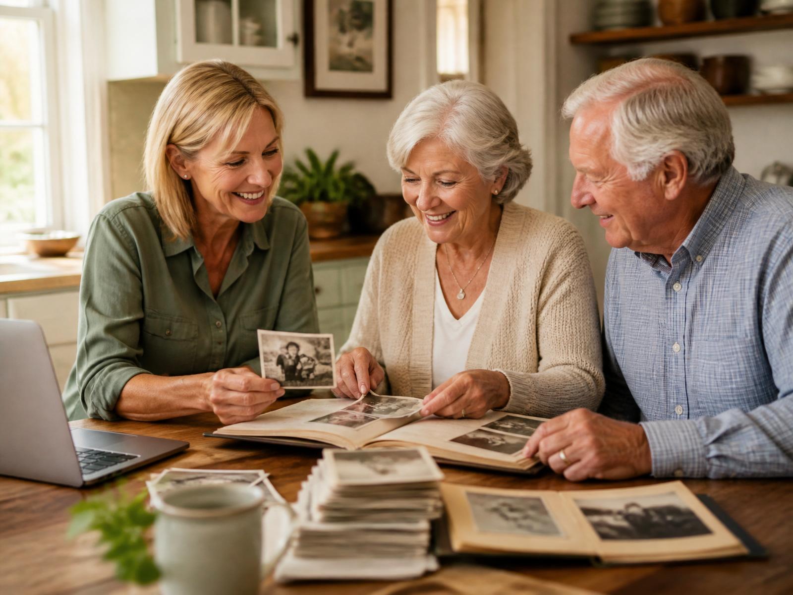 A friendly photo organizer helping an older couple sort family photographs at a sunlit table